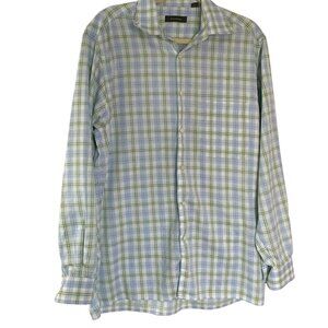 Ermenegildo Zegna Button Down Dress Shirt Large L Blue Green Plaid Long Sleeve